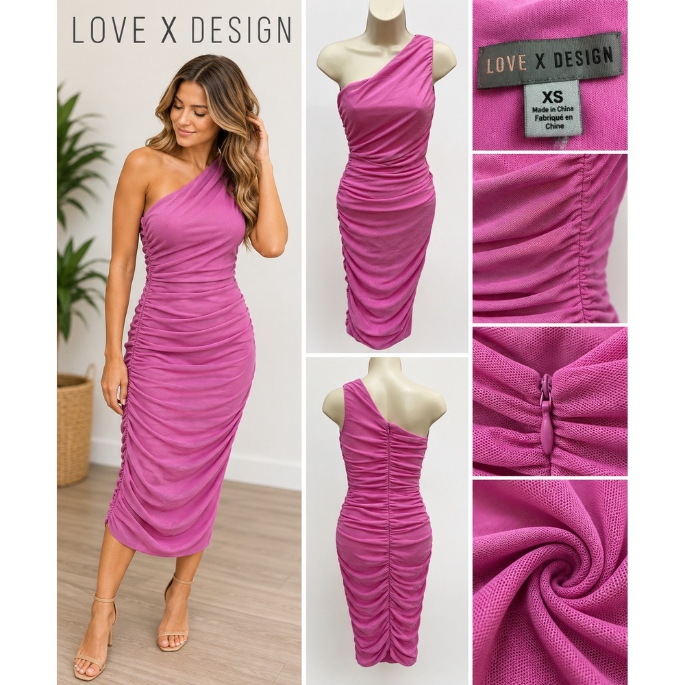 Love X Design Womens One Shoulder Ruched Mesh Bodycon Midi Dress Pink XS